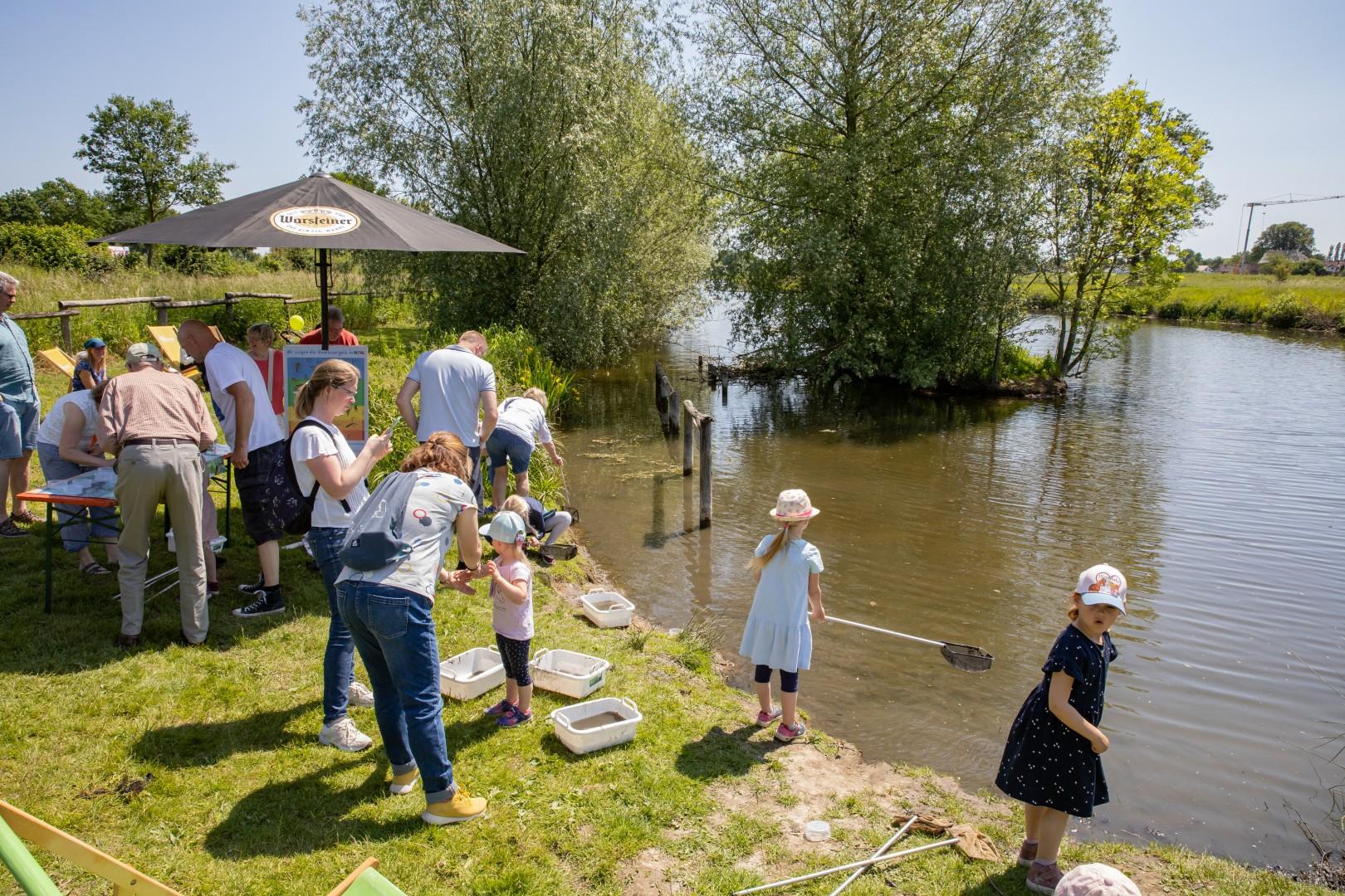 Keschern und Untersuchen des Wassers in der Stever am Floßanleger.