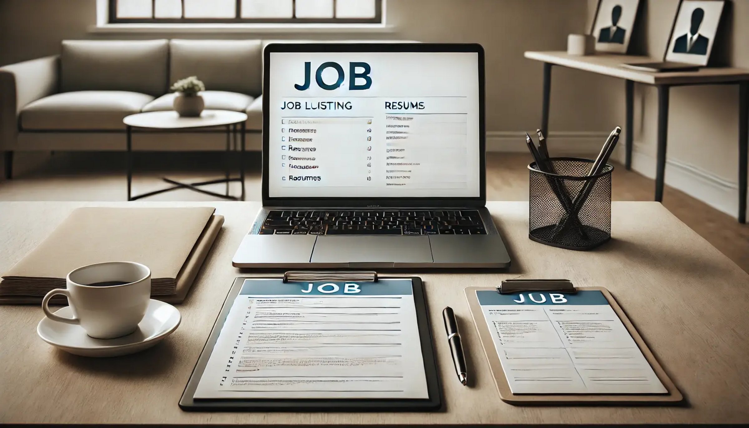 Ein Arbeitsplatz mit Laptop, Kaffeetasse und verschiedenen Papierunterlagen auf denen das Wort "JOB" zu sehen ist.
