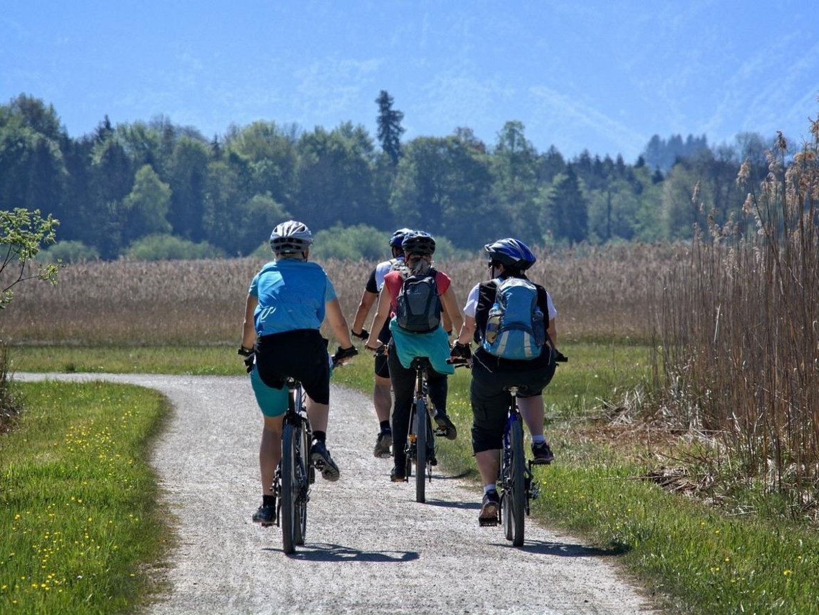 Auf dem Foto sieht man vier Radfahrer von hinten. Sie fahren auf einem Schotterweg, drumherum sind Felder zu erkennen.