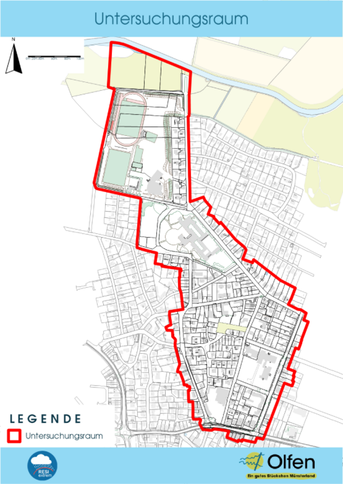 Das ISEK „Alter Stadtgraben“ besteht aus verschiedenen Teilmaßnahmen, die vor allem zur Starkregenvorsorge sowie zur städtebaulichen Aufwertung beitragen sollen. Ein Untersuchungsraum von einem Teilbereich von Olfen wird definiert, in dem dann diese verschiedenen Maßnahmen umgesetzt werden sollen. Der Untersuchungsraum geht im Wesentlichen westlich vom Steversportpark bis zum Grünen Weg entlang der Stadthalle bis hin zur Bilholtstraße (REWE). Dieses Untersuchungsgebiet lehnt sich an den historischen Stadtgrabenverlauf an. 