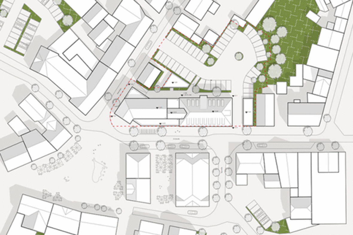 Zu sehen ist ein Ausschnitt des Lageplans für das neue Rathaus; Ansichten vom Architekten DBCO