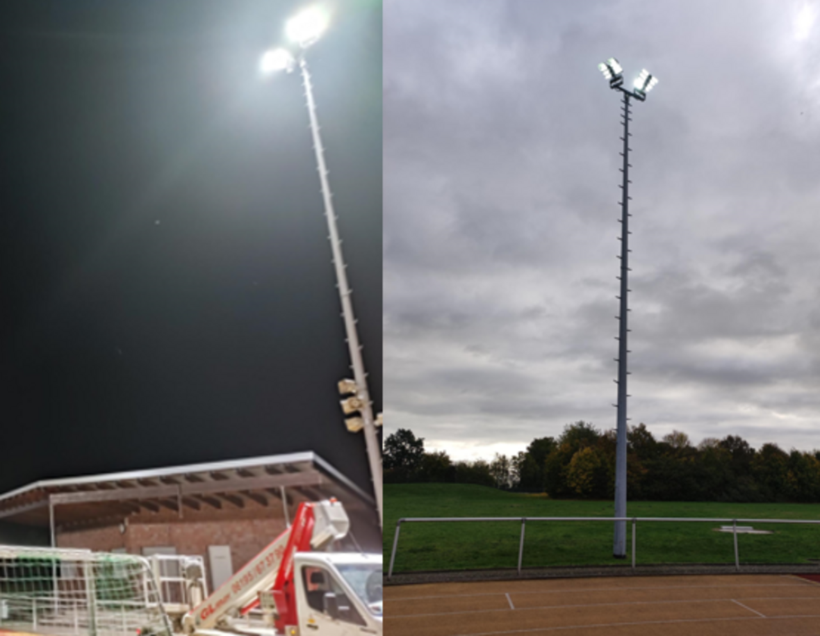 Die beiden Fotos zeigen die Flutlichtanlagen am Sportplatz bei Tag und bei Nacht.