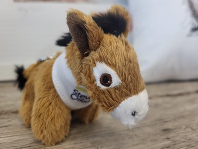 Ein Schlüsselanhänger mit einem kleinen braunen Plüschesel - angelehnt an die Poitou-Esel in der Steveraue. Der Esel trägt ein weißes Halstuch mit der Aufschrift "Steveraue Olfen".