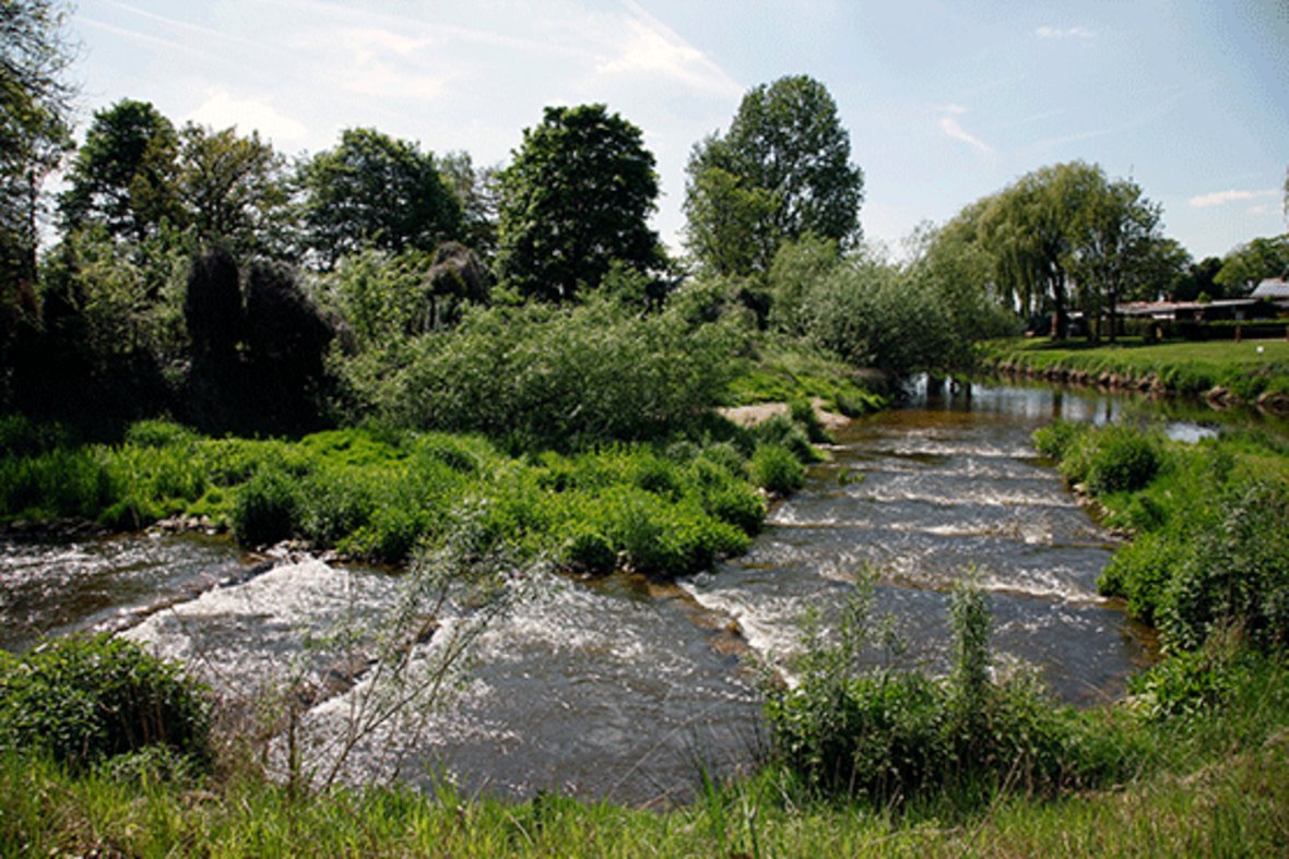 Das Bild zeigt die Umflut und Fischstreppe der Stever im Bereich der Füchtelner Mühle.