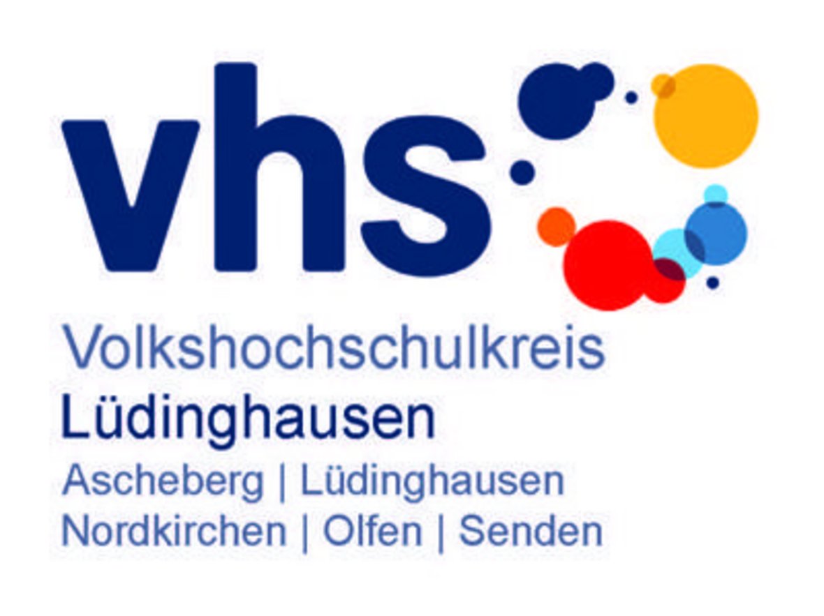 Die Grafik zeigt das Logo der VHS. Hier steht: vhs, Volkshochschulkreis Lüdinghausen: Ascheberg, Lüdinghausen, Nordkirchen, Olfen, Senden