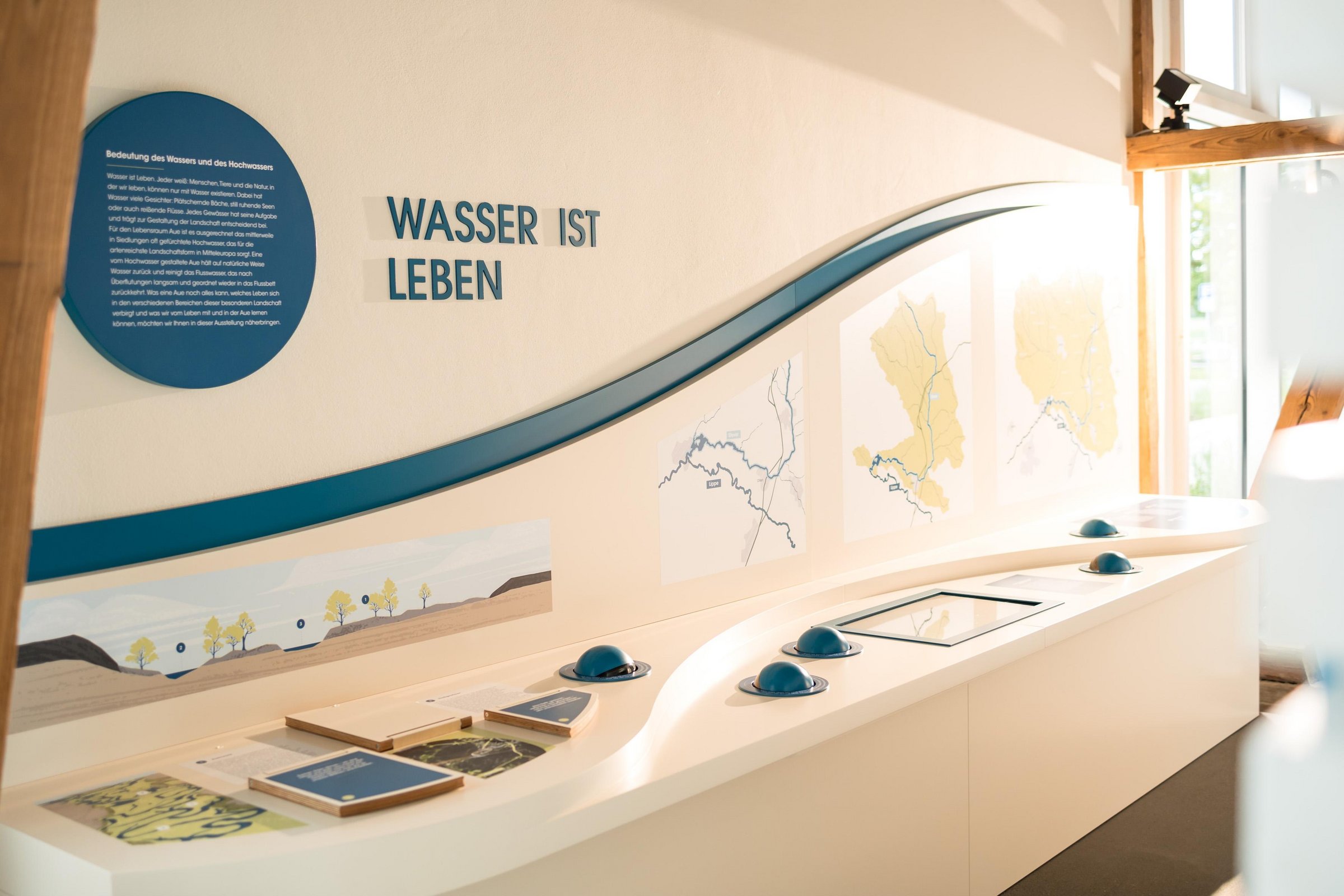 Auf dem Foto ist der Teilbereich "WASSER IST LEBEN" der Ausstellung im Naturparkhaus Steveraue zu sehen. Hier können verschiedene Infos zum Wasser in und Olfen nachgelesen und erforscht werden.