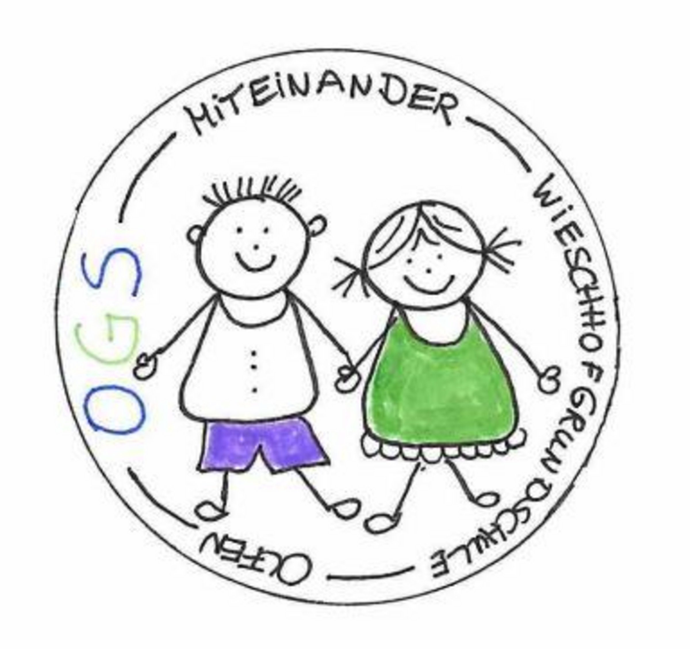 Das Logo der OGS in Olfen zeigt zwei Strichmännchen (weiblich und männlich) die sich an den Händen halten. Drumherum steht OGS - MITEINANDER - WIESCHHOF GRUNDSCHULE - OLFEN.