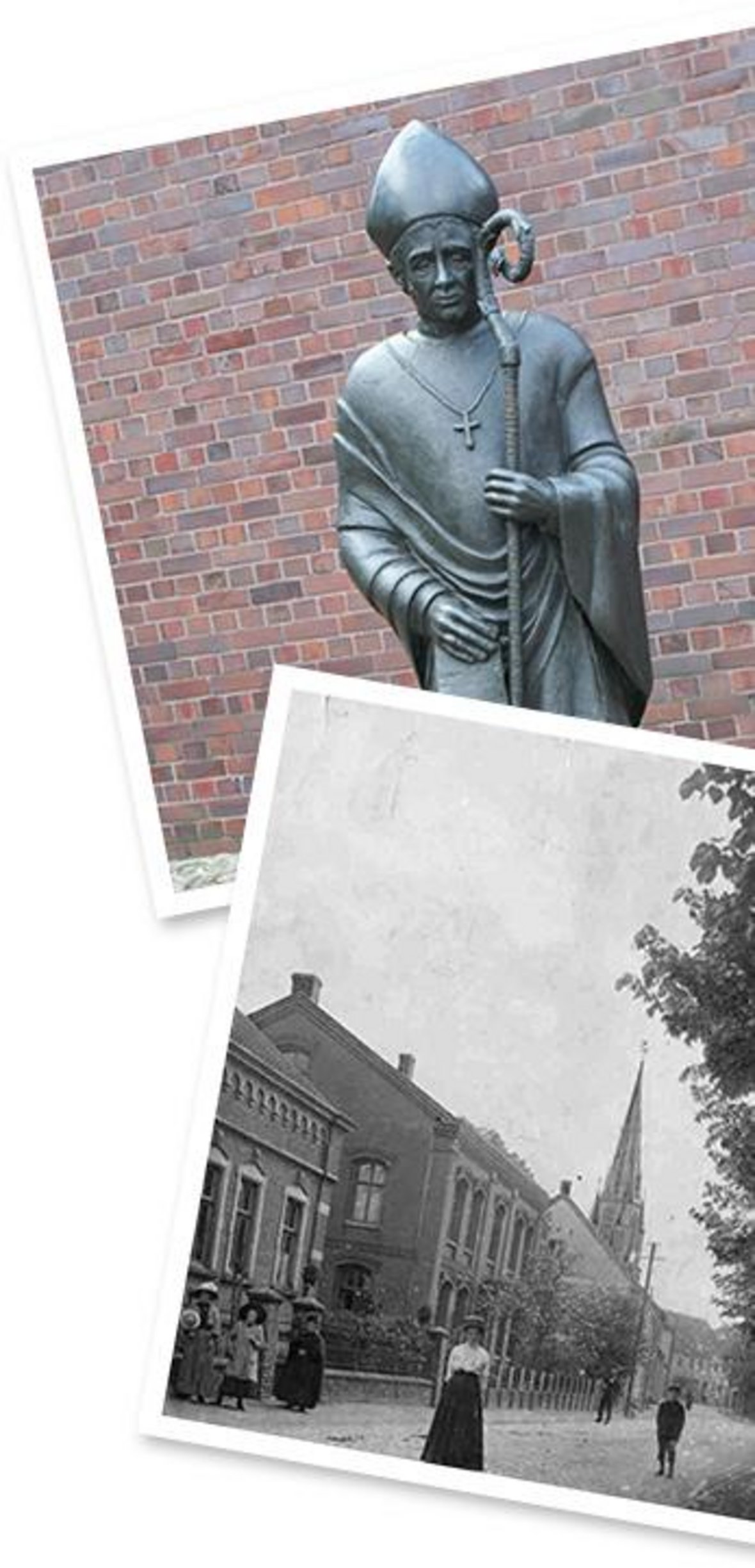 Bei dieser Bildcollage sind zwei Bilder zu sehen. Einmal die Statue des Bischhofs Wolfhelm, welche vor der St. Vitus Kirche steht und ein Foto von der Oststraße in Olfen, wie sie im Jahr 1920 ausgesehen hat. Die Fassaden ähneln den heutigen.