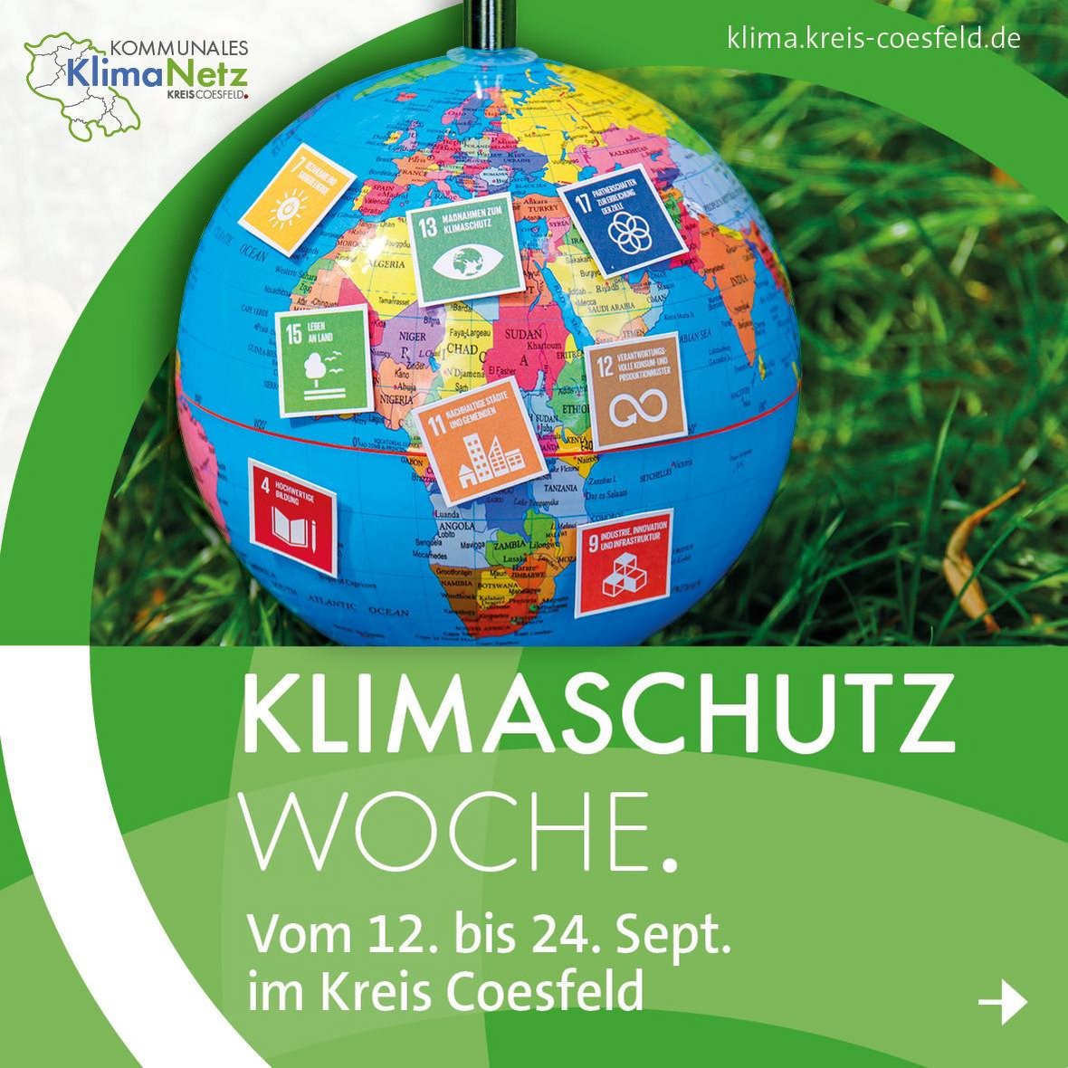 Werbe-Grafik für die Klimaschutzwoche im Kreis Coesfeld. Es ist ein Globus darauf zu erkennen. Außerdem wird auf die URL klima.kreis-coesfeld.de verwiesen.