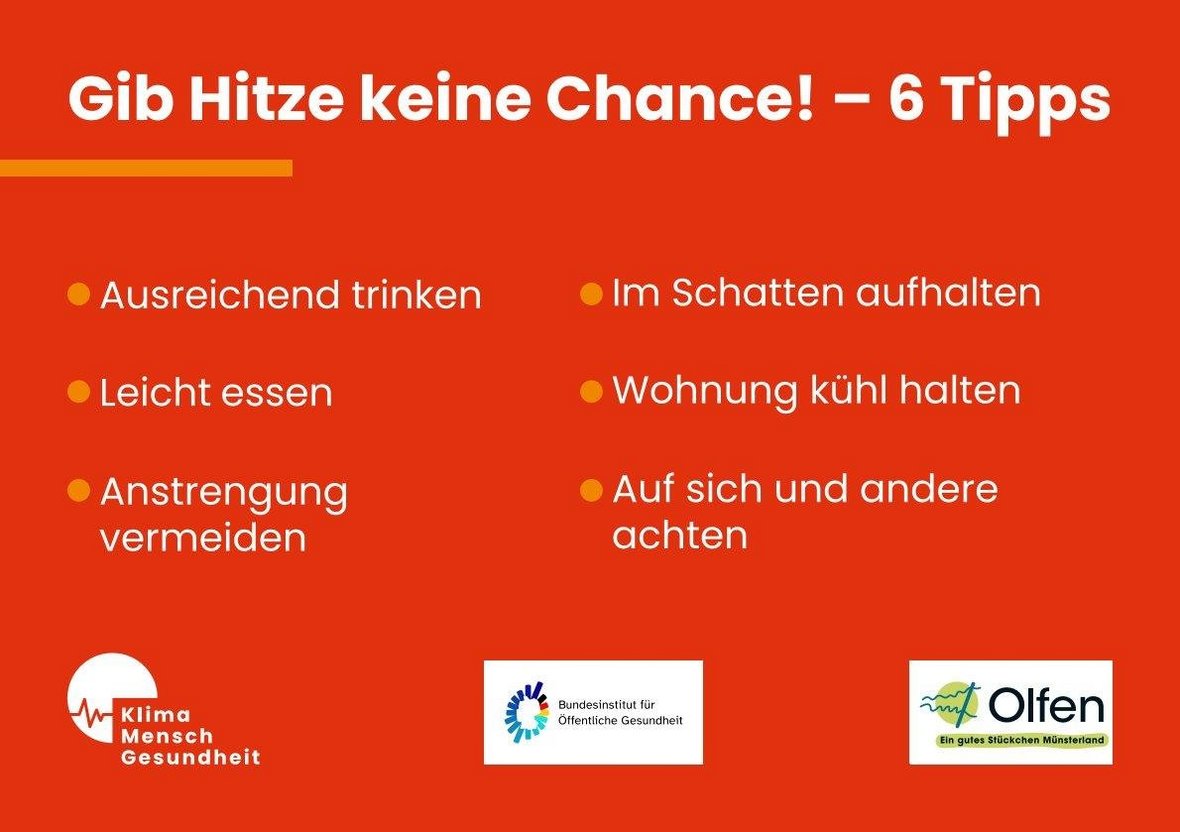 Infografik ‚Gib Hitze keine Chance – 6 Tipps‘: Ausreichend trinken, leicht essen, Anstrengung vermeiden, im Schatten aufhalten, die Wohnung kühl halten sowie auf sich und andere achten. Logos der Initiative Klima Mensch Gesundheit, des Bundesinstituts für Öffentliche Gesundheit und der Stadt Olfen.