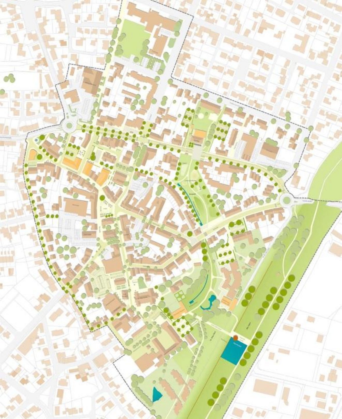 Die Grafik zeigt einen eingegrenzten Bereich auf Olfener Stadtgebiet, welcher im Rahmen des integrierten Handlungskonzeptes betrachtet wird.