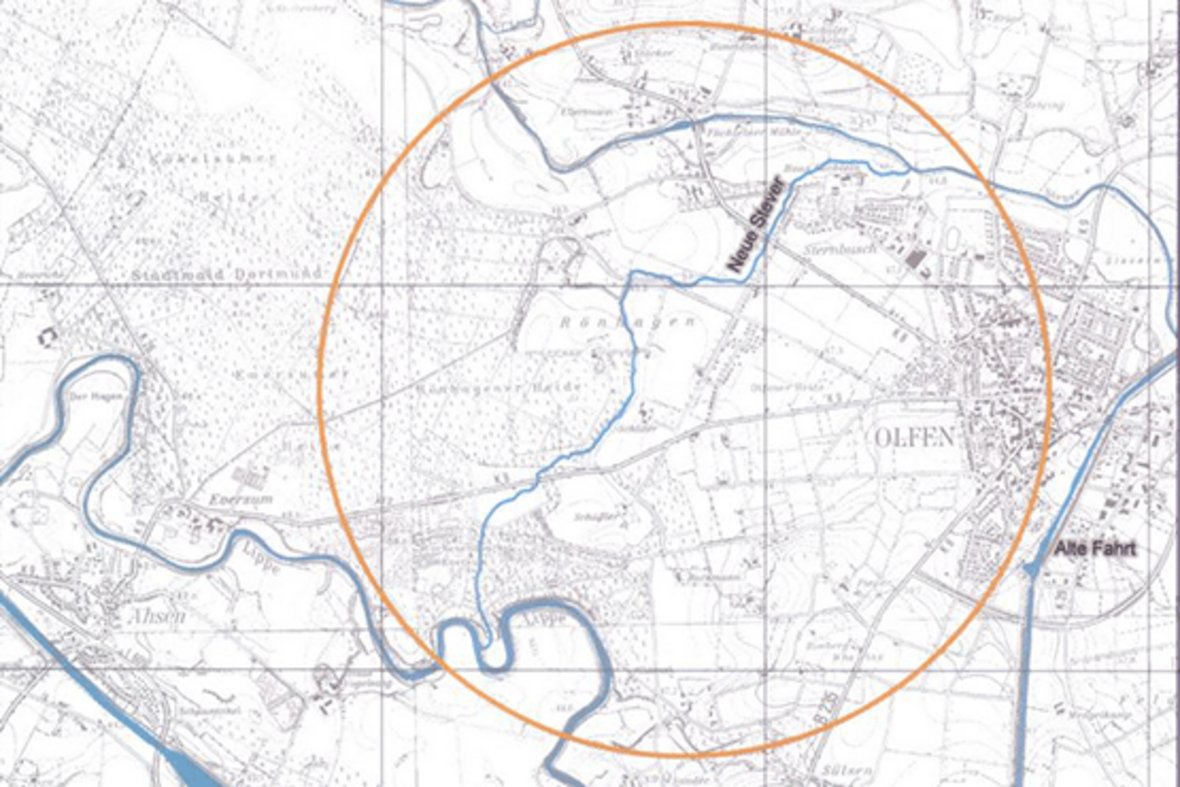 Auf dem Lageplan der Stadt Olfen ist der Verlauf der neuen Stever eingezeichnet worden.