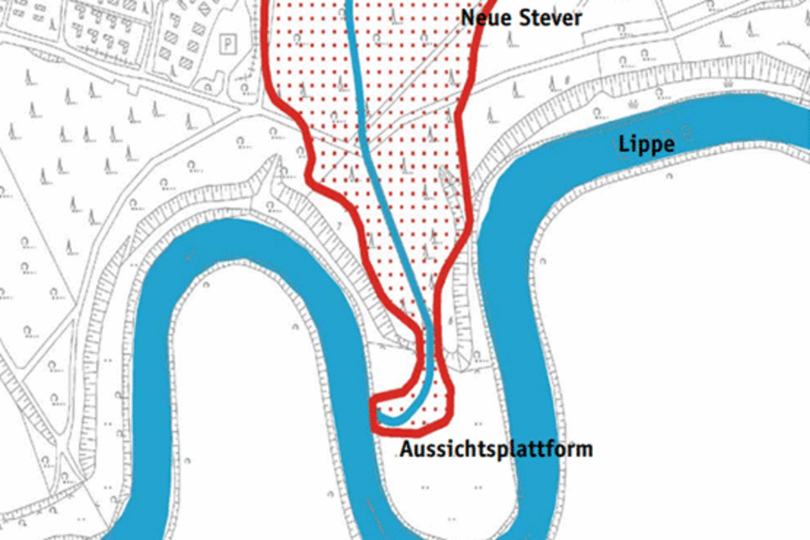 Der Lageplan zeigt einen Ausschnitt der Aussichtsplattform an der Lippe und wie die Neue Stever in diesem Bereich verlaufen würde.