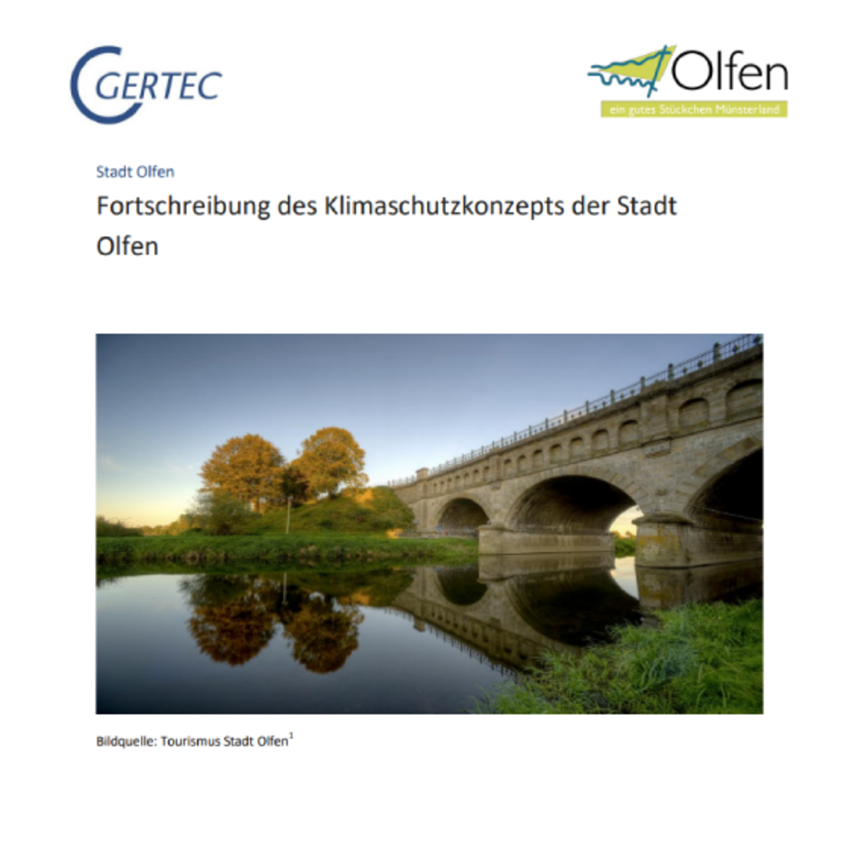 Die Grafik zeigt das Titelblatt "Fortschreibung des Klimaschutzkonzepts der Stadt Olfen". Zu sehen ist das Logo der GERTEC und der Stadt Olfen, sowie ein Bild der Dreibogenbrücke und Stever in Olfen.