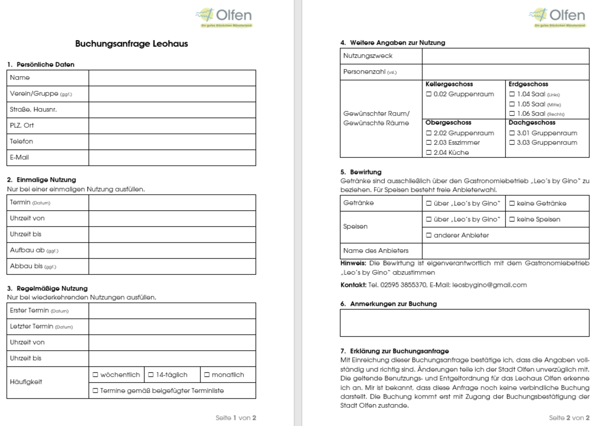 Zweiseitiges Formular „Buchungsanfrage Leohaus“ der Stadt Olfen mit Feldern zu Kontaktdaten, einmaliger oder regelmäßiger Nutzung, Nutzungszweck, Personenzahl, gewünschtem Raum, Bewirtung und Anmerkungen.