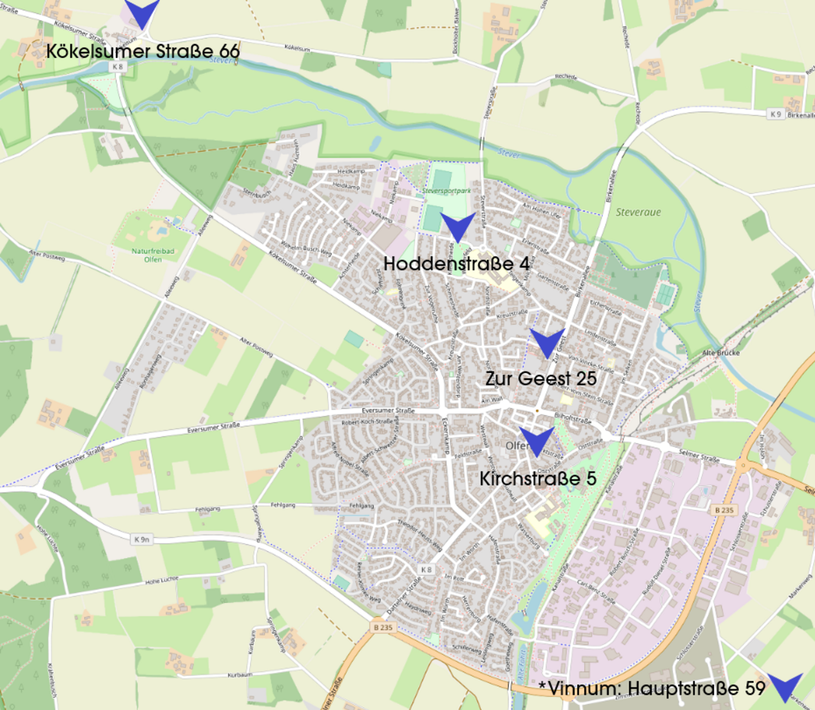 Diese Grafik zeigt die Standorte der Ladesäulen in Olfen an der Kökelsumer Straße 66, Hoddenstraße 4, Zur Geest 25 und an der Kirchstraße 5.