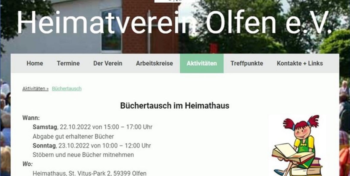 Website Heimatverein Olfen e. V. zum Büchertausch im Heimathaus