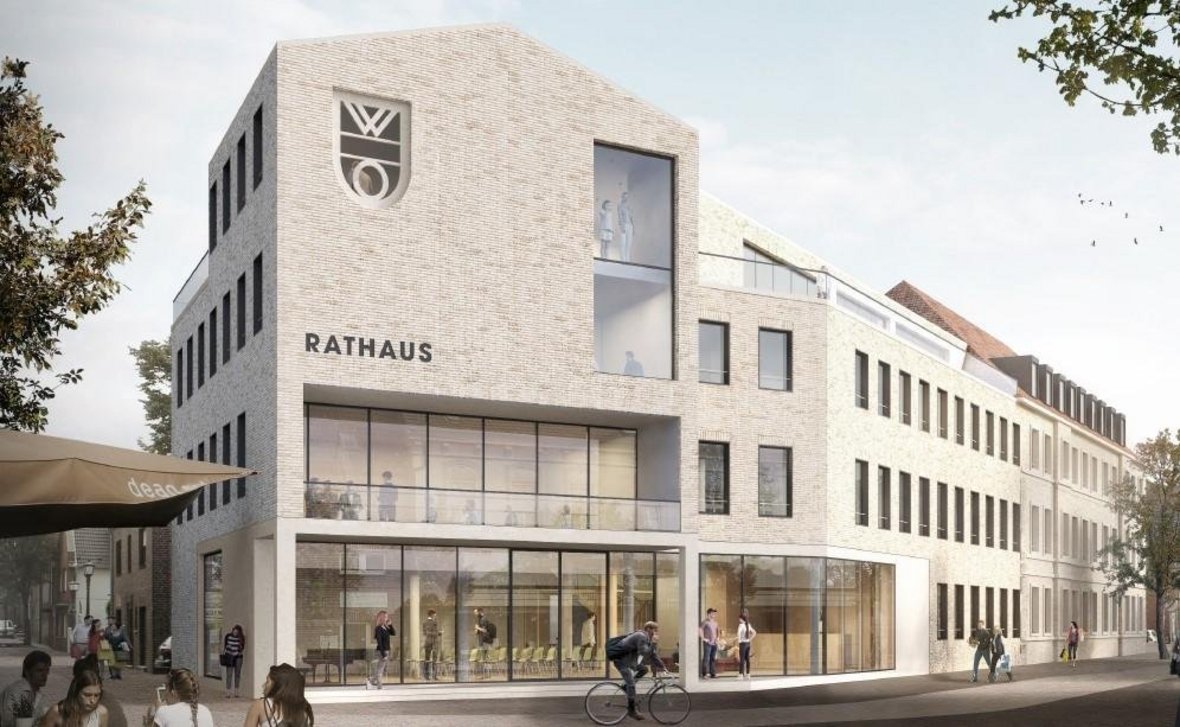 Auf dem Bild ist die Visualisierung der Architekten des neuen Rathauses zu sehen. An das Gebäude des alten Rathauses grenzt ein langer Neubau, sowie ein größeres Gebäude mit Balkon und dem Wappen der Stadt Olfen. Der Balkon zeigt in Richtung Marktplatz.