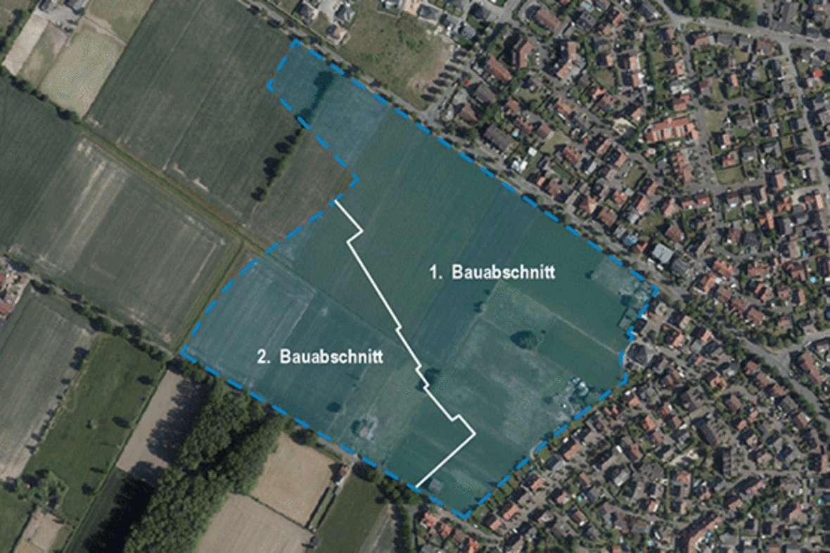 In diese Luftaufnahme von Olfen wurden die 1. und 2. Bauabschnitte für das Baugebiet "Olfener Heide" eingezeichnet.