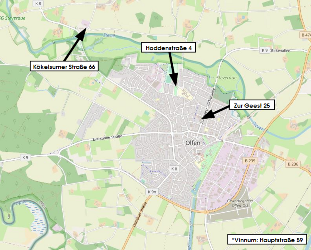 Diese Grafik zeigt die Standorte der Ladesäulen in Olfen an der Kökelsumer Straße 66, Hoddenstraße 4, Zur Geest 25 und an der Kirchstraße 5.