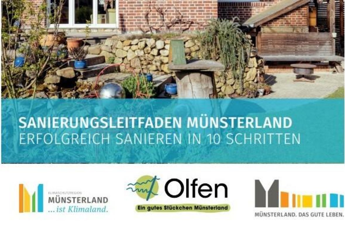 Die Grafik zeigt das Titelblatt des Sanierungsleitfadens Münsterland. "Erfolgreich Sanieren in 10 Schritten" ist darauf zu lesen.