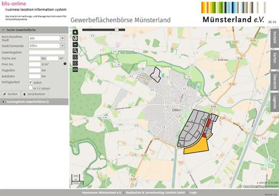 Hier ist ein Screenshot der Website www.gewerbeflaechen-muensterland.de zu sehen.